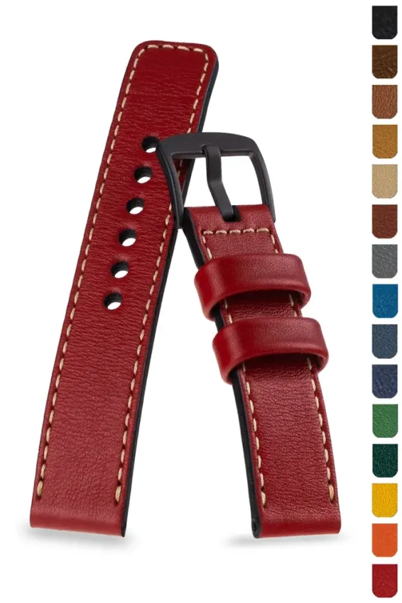 Traditional flexible leather strap with stitching around the edge