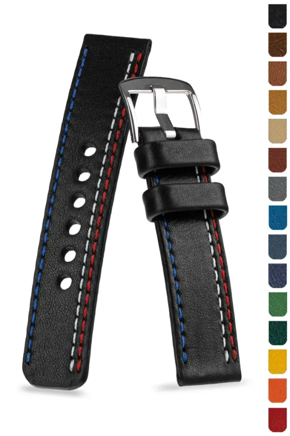 Leather watch strap with triple stitching, colorful designs