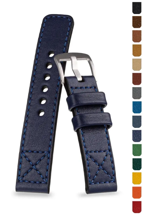 Military-style leather watch strap with cross stitching