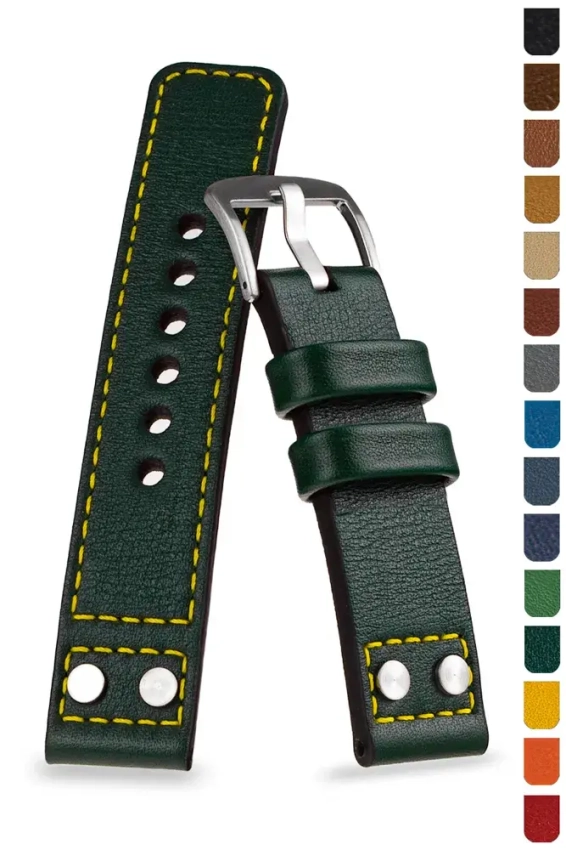 Pilot leather strap with asymmetrical stitching and rivets