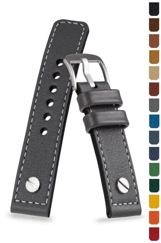 Pilot leather strap with large steel rivets, aviation style
