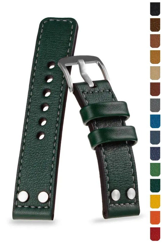Classic Pilot leather strap with steel rivets and stitching