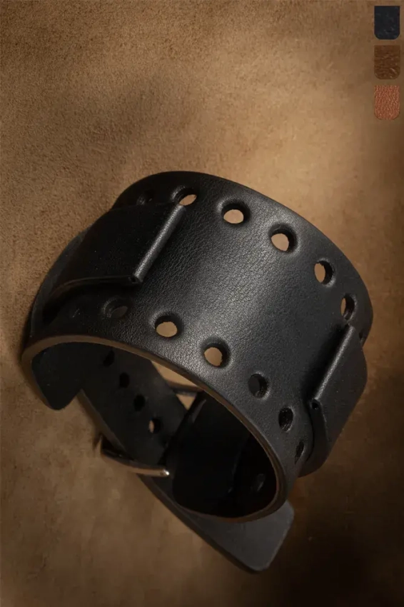 Wide leather watch strap with perforations, black color