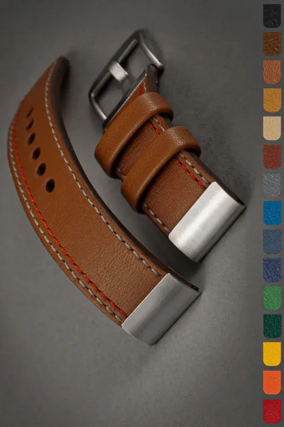 Brown leather watch strap K-103 with triple stitching and stainless steel ends