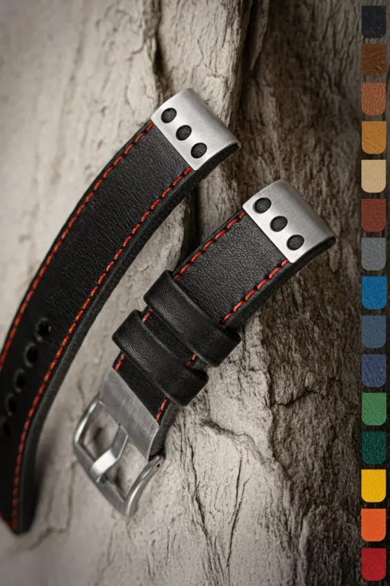 Black leather watch strap K-105 in Rally style, with red stitching and holes at the ends