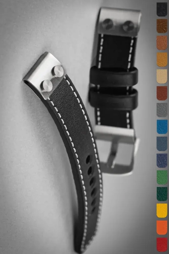 Leather strap K-106 in Pilot style, featuring metal rivets on the ends and white stitching