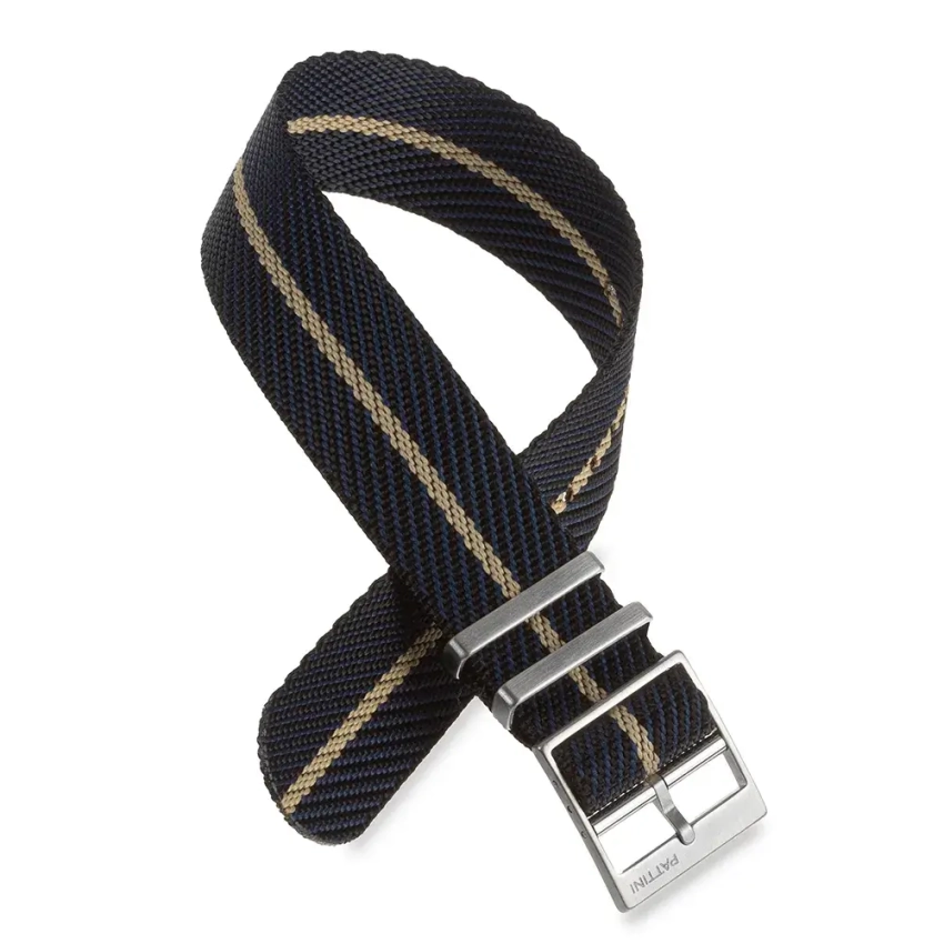 NATO w odcieniach granatu, czerni i beżu z nylonu, zamocowane przy stalowej kopercie