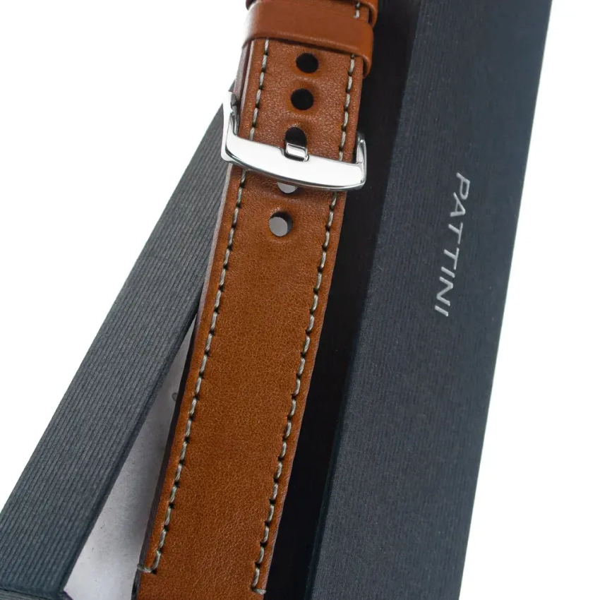 Brązowy pasek zegarkowy ze skóry licowej z przeszyciem w odcieniu szarości