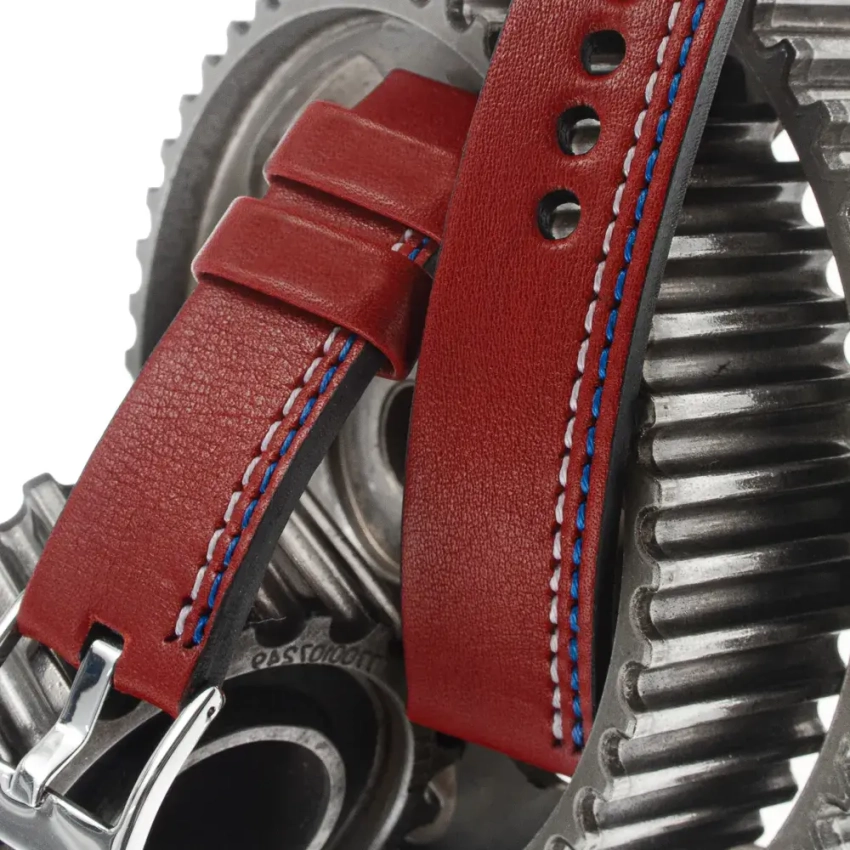 Czerwony pasek zegarkowy ze skóry Nappa z podwójnym przeszyciem wzdłuż krawędzi