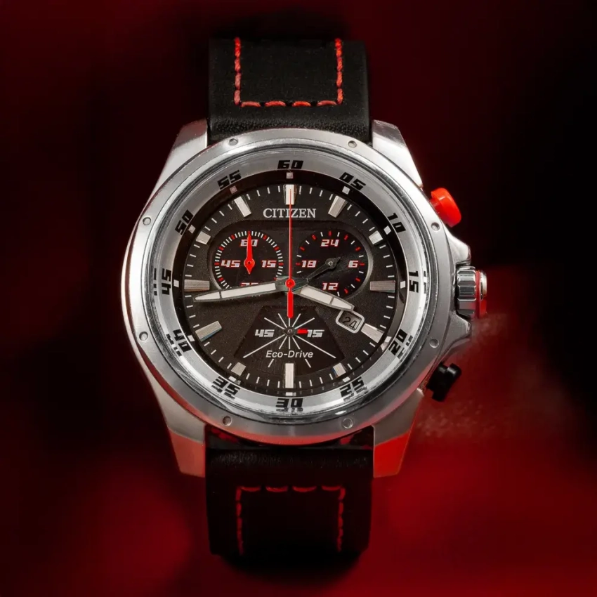 Czarny pasek z czerwonym przeszyciem dla zegarka Citizen Chrono AT0970-16E – sportowa klasyka
