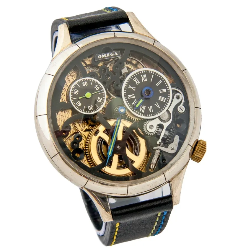 Czarny pasek z przeszyciem przesuniętym ku jednej krawędzi – konfiguracja z zegarkiem Omega