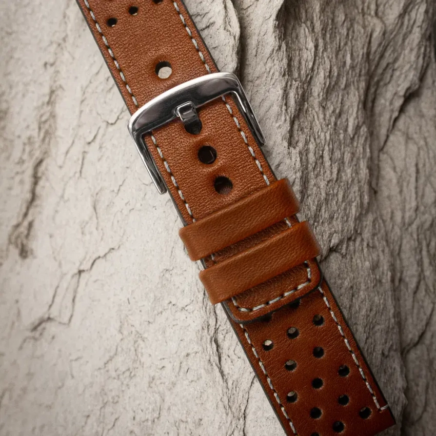 Brązowy perforowany pasek zegarkowy skórzany z szarym przeszyciem