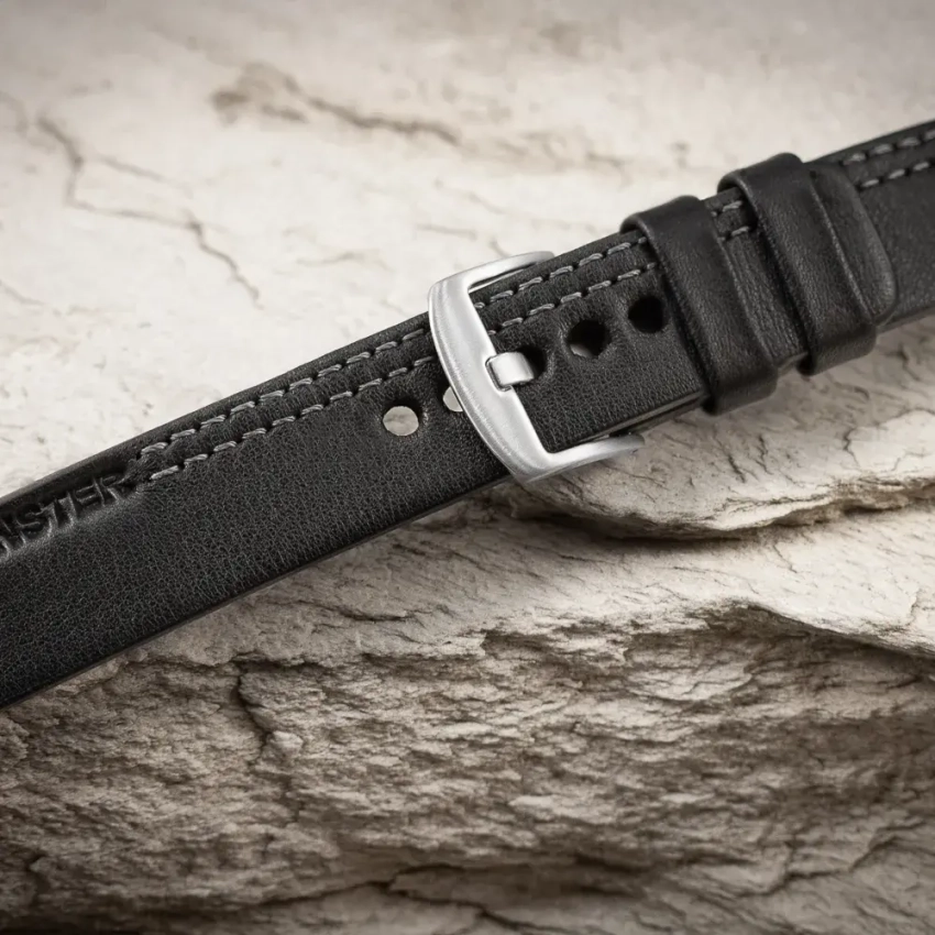 Czarny pasek z matowej skóry z tłoczeniem i asymetrycznym szarym przeszyciem – konfiguracja U‑72