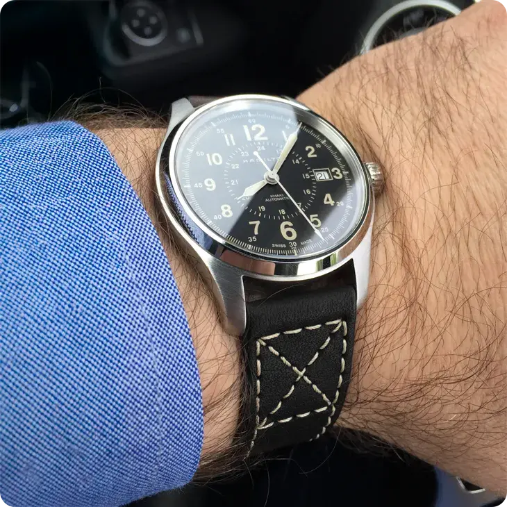 Hamilton watch with a PATTINI leather watch strap on the wrist