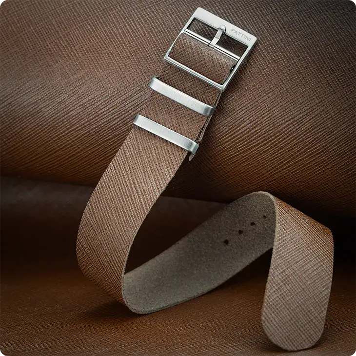 Close-up of a PATTINI leather NATO watch strap