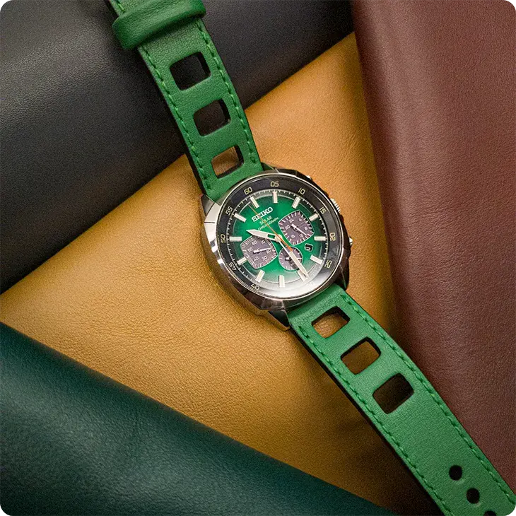 Seiko Solar watch with a PATTINI leather watch strap on full-grain leather